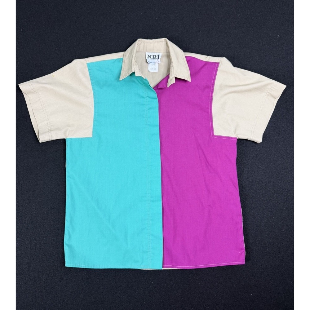 Vtg N.R.1 Neds Gould Womens 12 Colorblock Button Up Shirt USA Made Retro Bowling